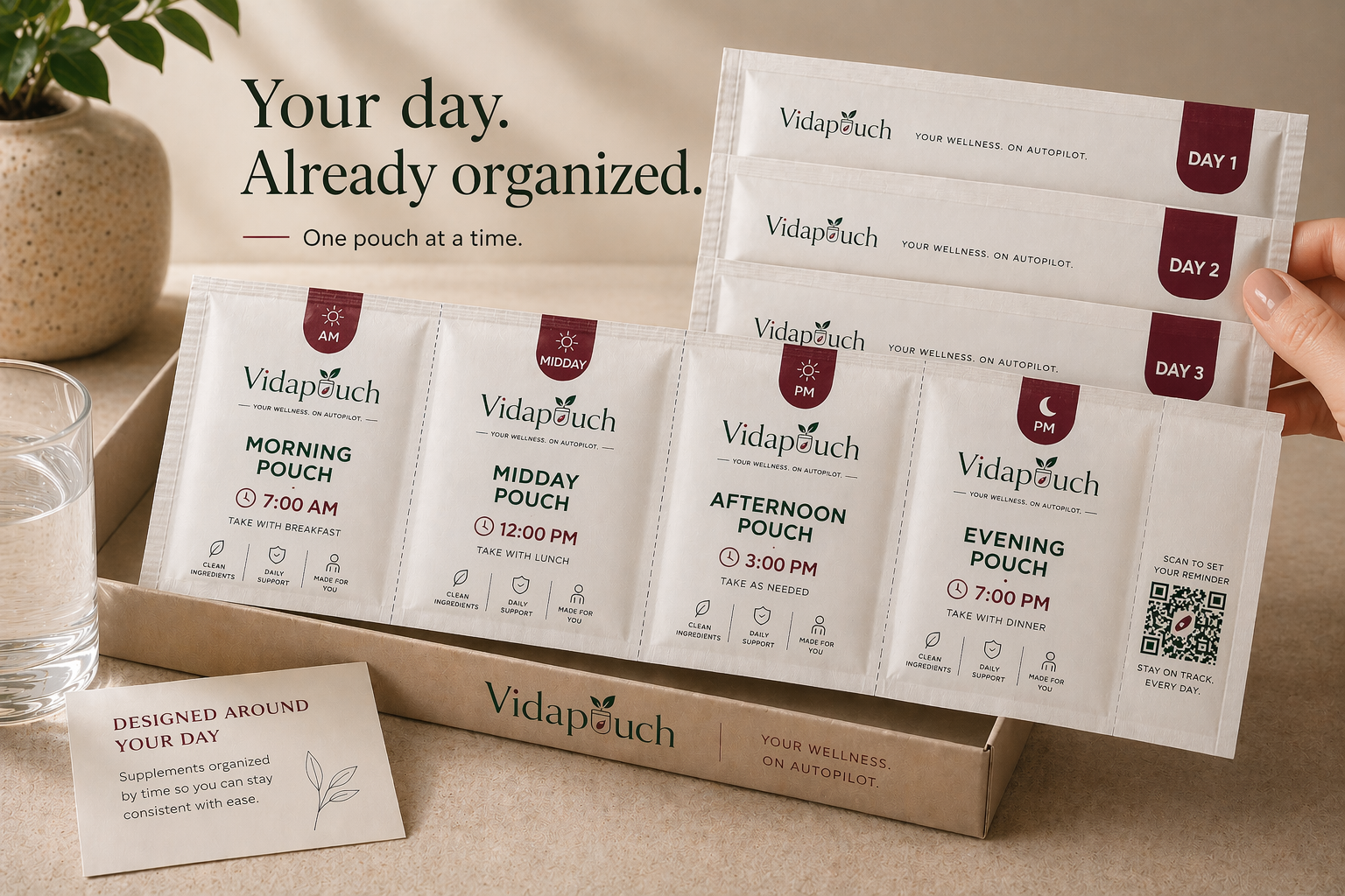 Vidapouch daily strip of supplement pouches organized from morning to evening